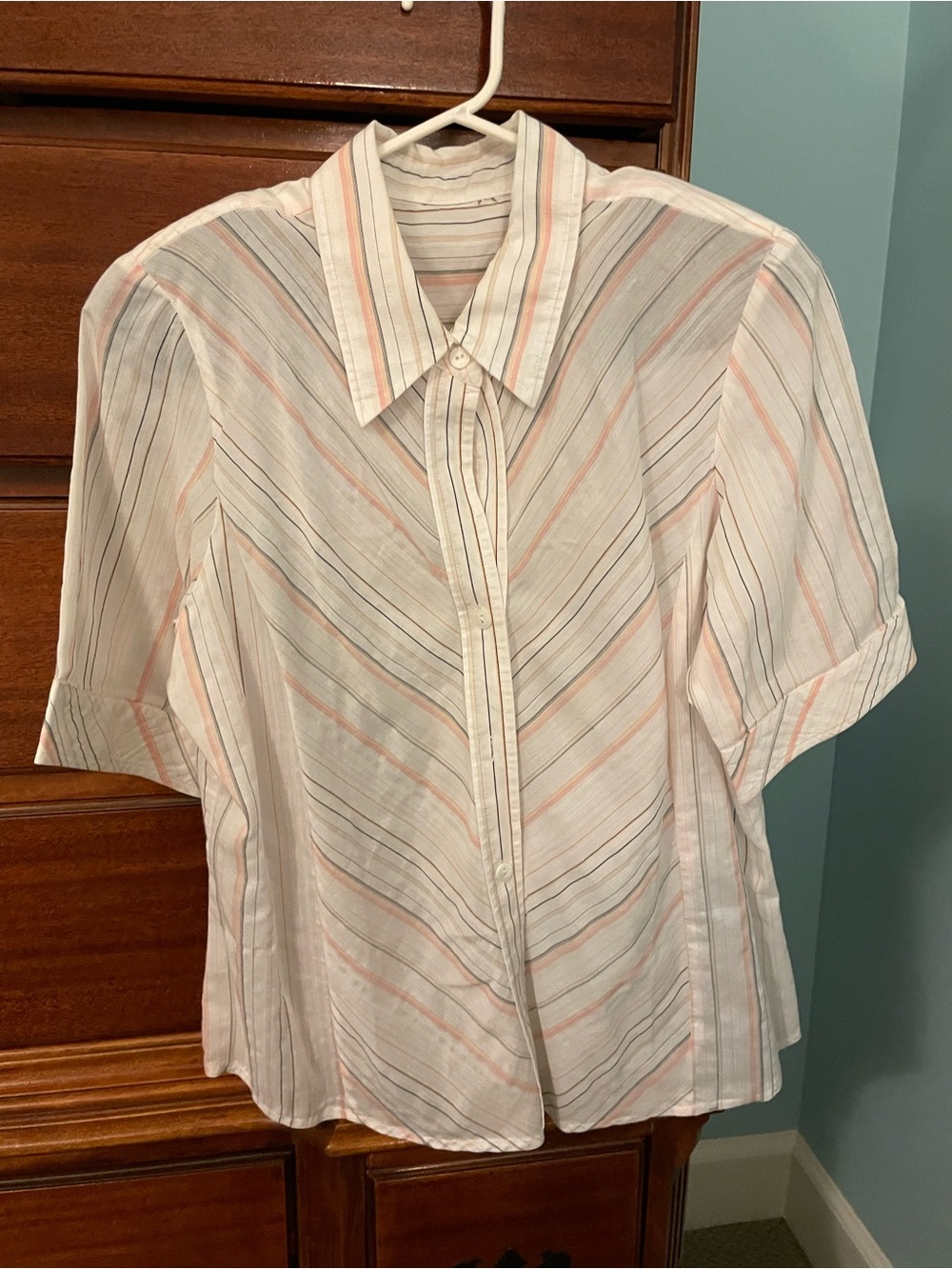 Women's Striped Short-Sleeve Button-Up Blouse - White with Pink & Gray Stripes